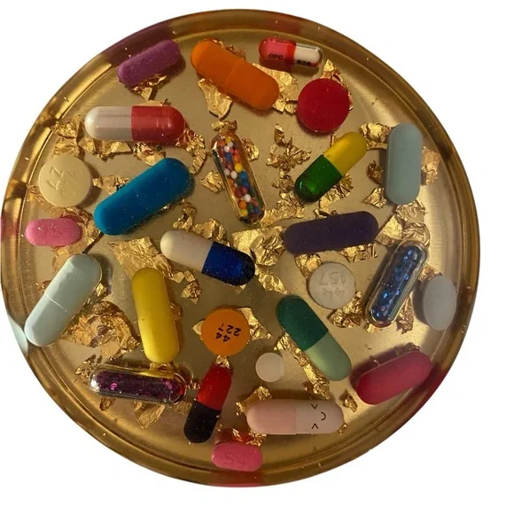 Gold Leaf Resin Pill Pharmaceutical Coasters Set 2-Coasters Dopamine Decor gift - Picture 3 of 8